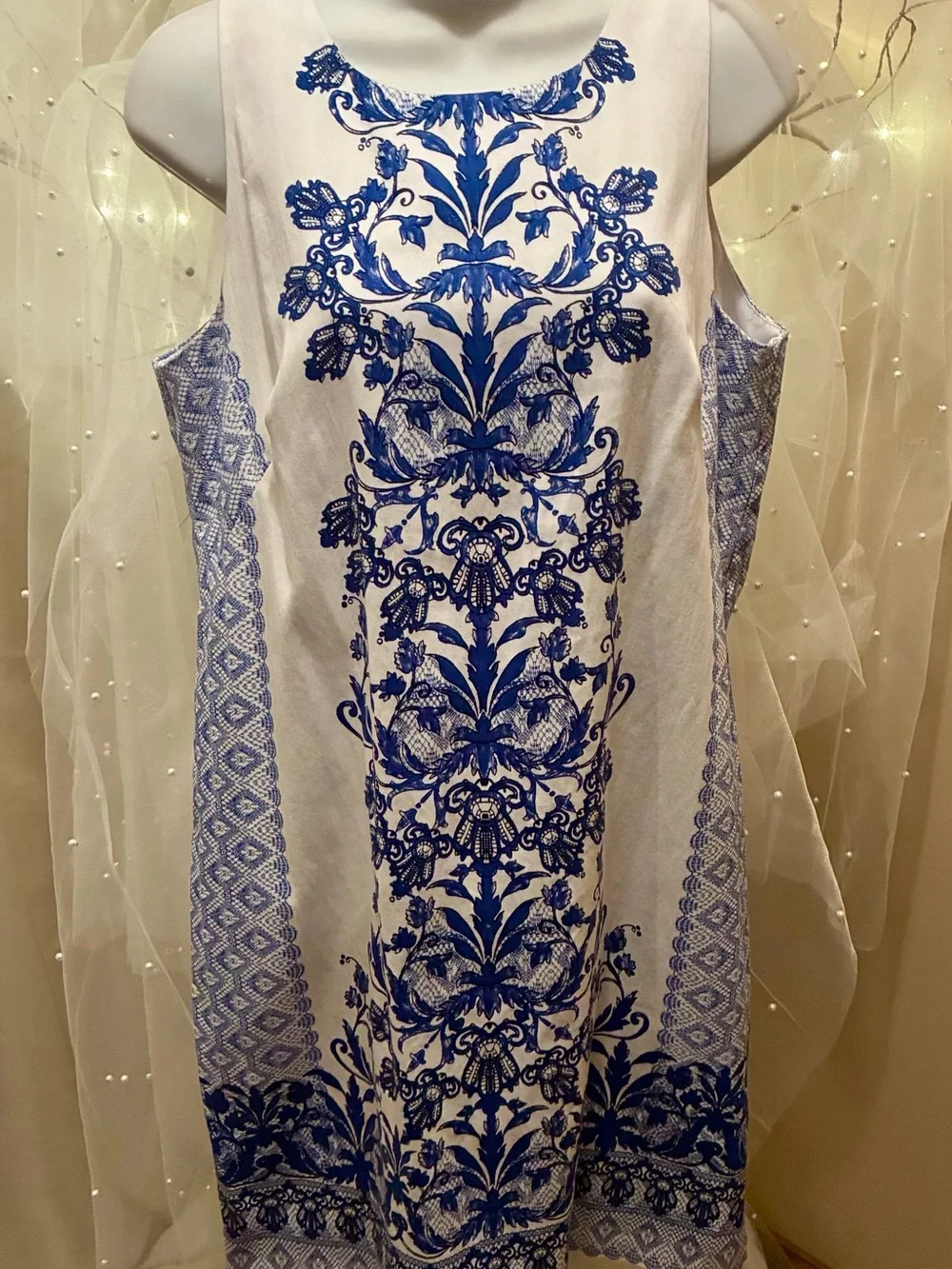 London Times White Midi Dress with Royal Blue Floral Print - Picture 1 of 6